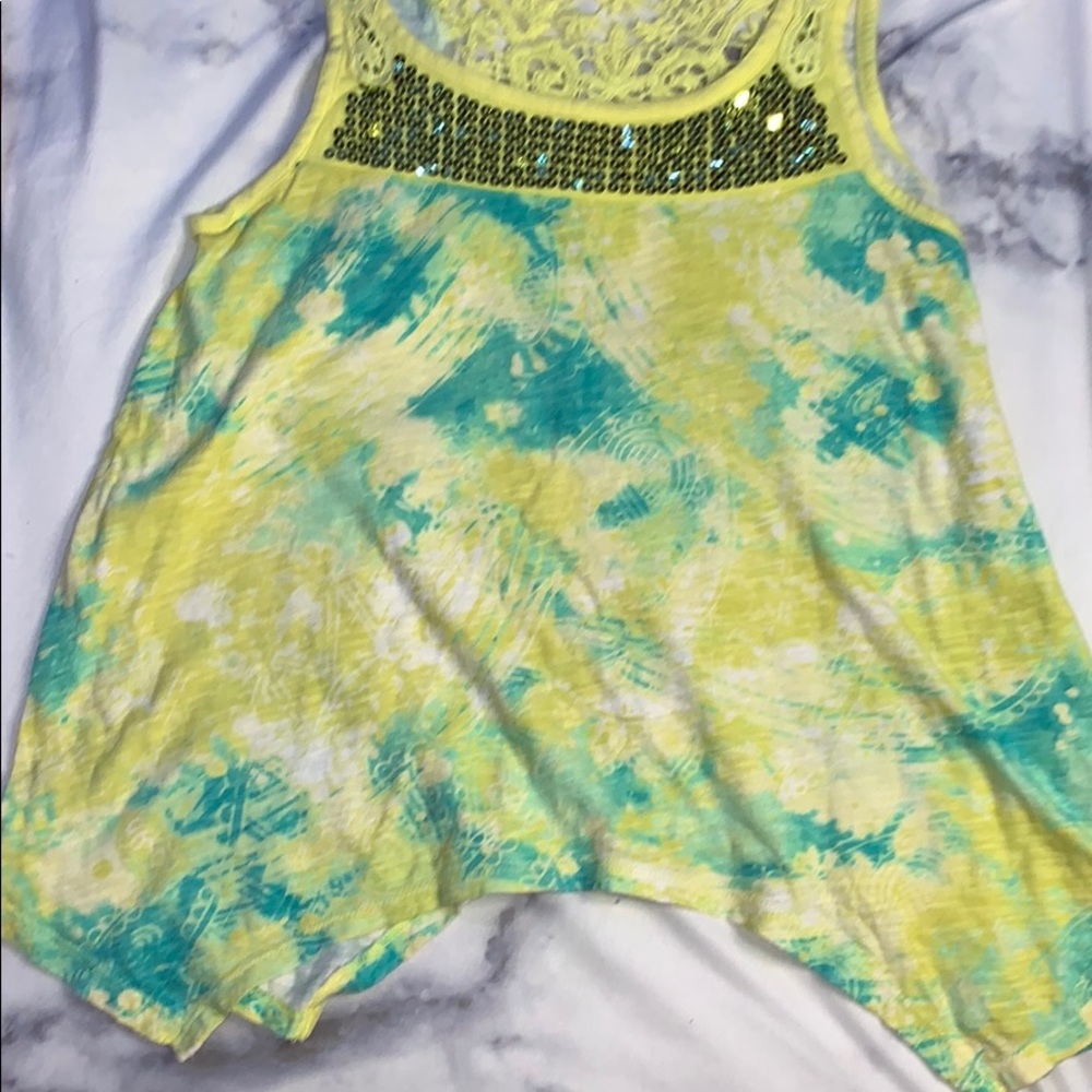 Justice blue-white-yellow tie dye tank top
